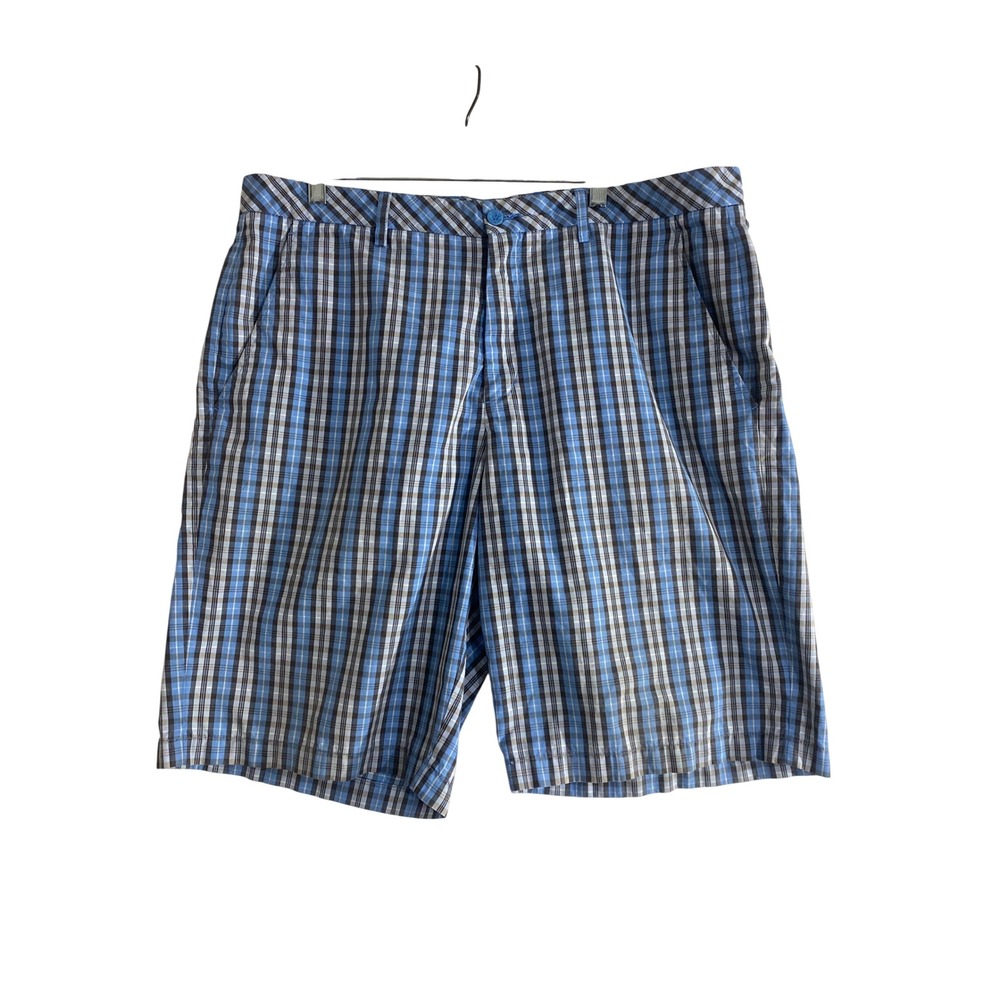 Ashworth Golf Shorts Mens 38 Blue Excellent Plaid Cotton Blend Flat Front